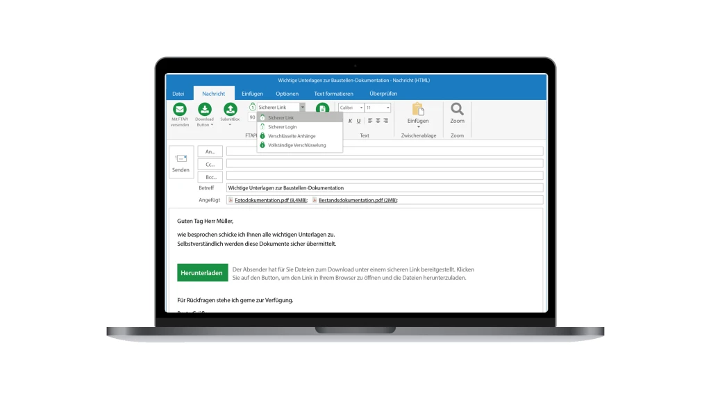 Screenshot: E-Mail-Anhang mit dem FTAPI Outlook Add-in verschlüsseln