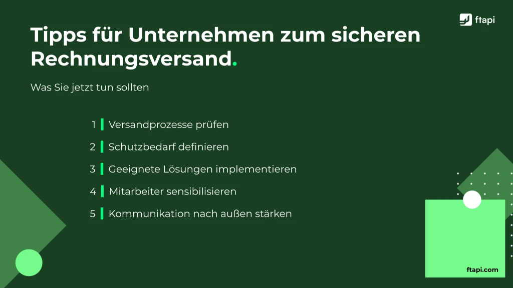 Tipps für Unternehmen zum sicheren Rechnungsversand: Prozesse prüfen, Schutzbedarf definieren, Lösungen implementieren, Mitarbeiter sensibilisieren, nach außen kommunizieren